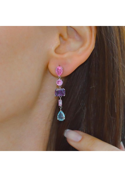 Renkli Damla Taşlı Gümüş Küpe modelleri