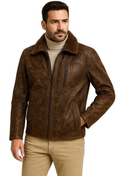 Carlos Hakiki Deri Erkek Vintage Seyyar Kürk Yaka Mont