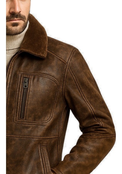 Carlos Hakiki Deri Erkek Vintage Seyyar Kürk Yaka Mont modelleri