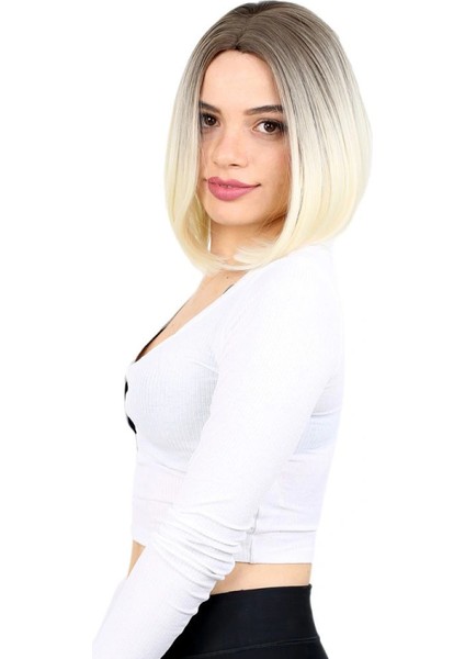 Kahkülsüz Düz Kısa Fiber Sentetik Peruk - Küllü Açık Kahve / Platin Ombreli modelleri