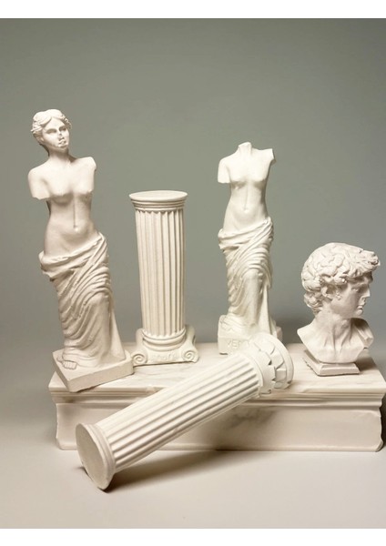 Hediyelik Antik Heykel Seti - Antik Büst ve Sütun Dekoratif Set – 5 Parçalı Beyaz Beton Dekorasyon