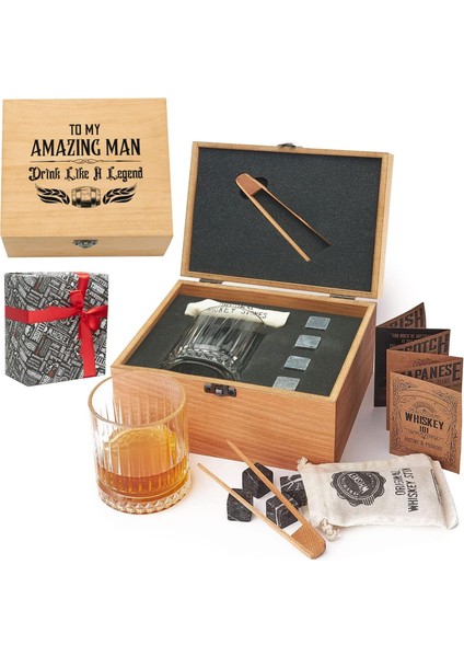 Hediye Ahşap Kutulu Tekli Glasgow Viski Kadeh Seti + 4 Soğutucu Taş Seti