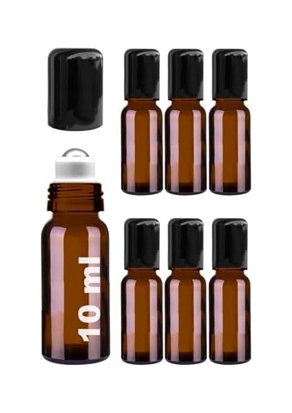 Afracam 10 ml Çelik Roll On Şişesi 10 cc Sızdırmaz Siyah Kapaklı Cam Şişe 6 Adet (Amber, 10)