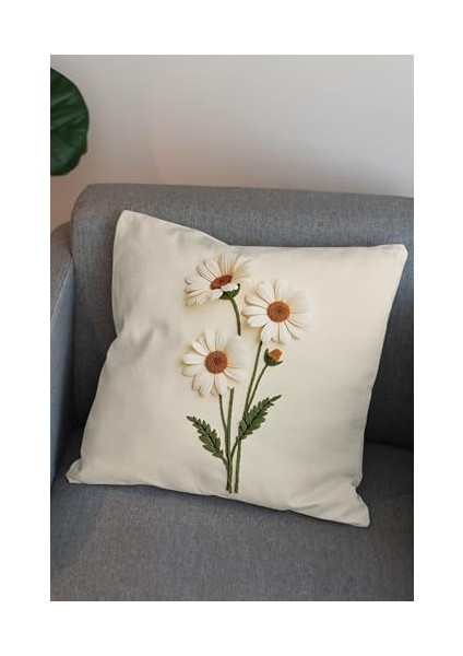 Nakış Desen Baskılı Dekoratif Desenli Kadife Kırlent Kılıfı, 2'li Set, Krem Zemin, Baskılı modelleri