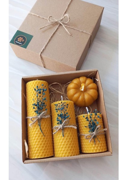 Dekoratif Petek Mum Bal Kabağı Çiçekli Set Bal Mumu Mum Hediyelik