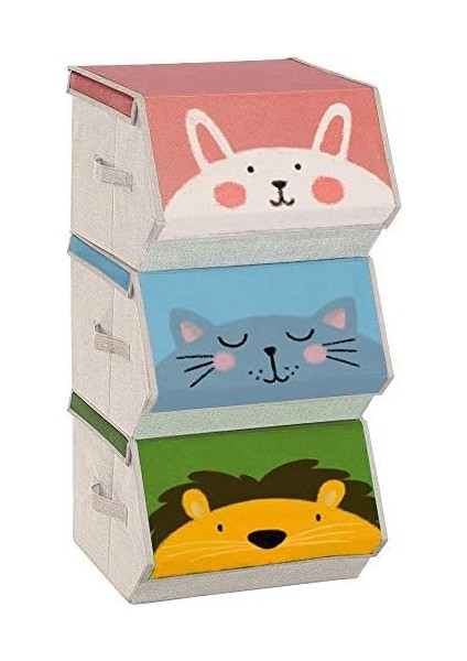 Saklama Kutuları, 3'lü Set, Katlanır Kutular, Kulplu Kumaş Kutular, Oyuncak Düzenleyici, Manyetik Kapaklar, Çocuk Odaları, Oyun Odaları, Hayvan Motifleri, Pembe, Mavi, Yeşil ve Gri RFB760P01 modelleri