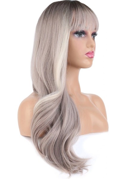 Doğal Dalgalı Perçemli Fiber Sentetik Uzun Boy Peruk - Koyu Kumral / Açık Rus Kumralı Ombre ve Röfleli modelleri