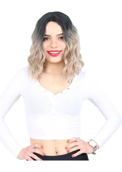 Fiber Sentetik Kısa Dalgalı Perçemsiz Peruk - Siyah / Küllü Bebek Sarı Ombreli