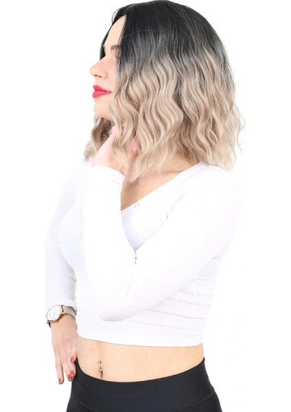 Fiber Sentetik Kısa Dalgalı Perçemsiz Peruk - Siyah / Küllü Bebek Sarı Ombreli modelleri