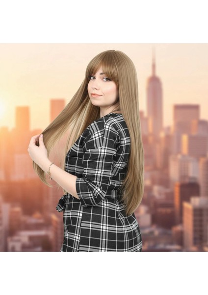 Fiber Sentetik Uzun Düz Kahküllü Peruk - Bebek Kumralı