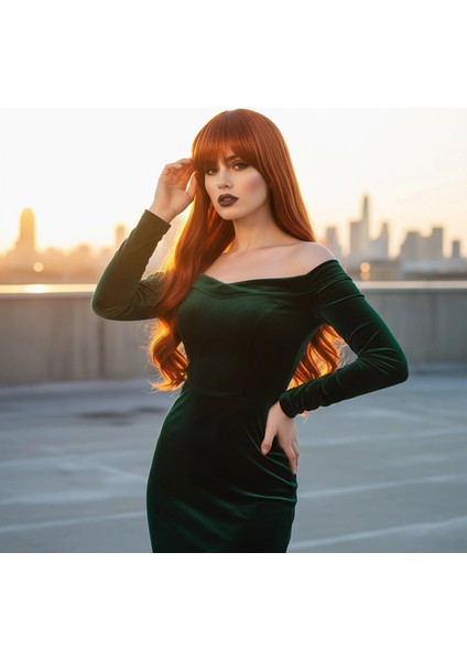 Kahküllü Uzun Dalgalı Fiber Sentetik Peruk - Bakır