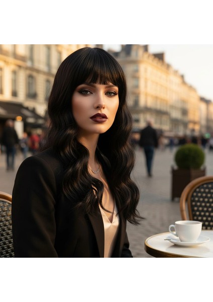 Dalgalı Kısa Perçemli Fiber Sentetik Peruk - Koyu Kestane