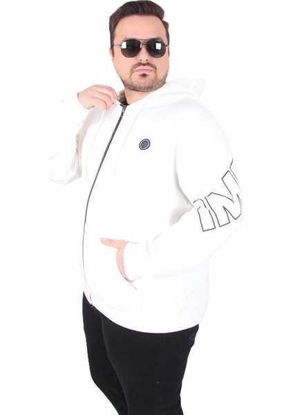 Büyük Beden Kapüşonlu Fermuarlı Sweat Double Face Ossi 25705 Ekru