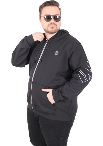 Büyük Beden Kapüşonlu Fermuarlı Sweat Double Face Ossi 25705 Sıyah