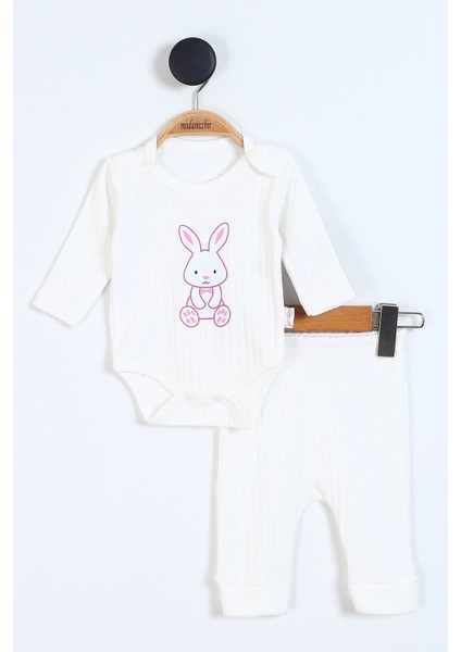 Tavşan Baskılı %100 Pamuk 2’li Bebek Zıbın Set & Uzun Kollu Beyaz 2'li Bady Takım & 0-9 Ay Kız Bebek