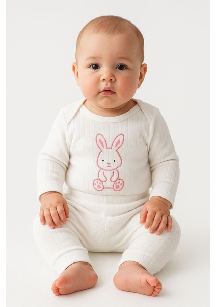 Tavşan Baskılı %100 Pamuk 2’li Bebek Zıbın Set & Uzun Kollu Beyaz 2'li Bady Takım & 0-9 Ay Kız Bebek