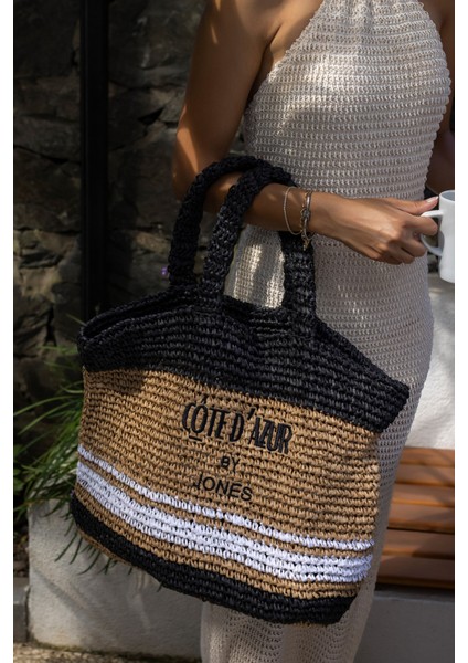 Allister Kadin Siyah Beyaz Çizgili Hem Plaj-Gunluk Hasir Çanta