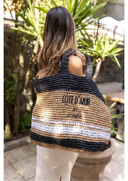 Allister Kadin Siyah Beyaz Çizgili Hem Plaj-Gunluk Hasir Çanta modelleri