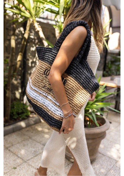 Allister Kadin Siyah Beyaz Çizgili Hem Plaj-Gunluk Hasir Çanta fırsatları