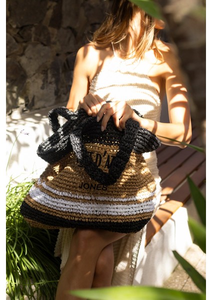 Allister Kadin Siyah Beyaz Çizgili Hem Plaj-Gunluk Hasir Çanta