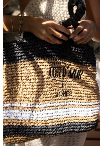 Allister Kadin Siyah Beyaz Çizgili Hem Plaj-Gunluk Hasir Çanta