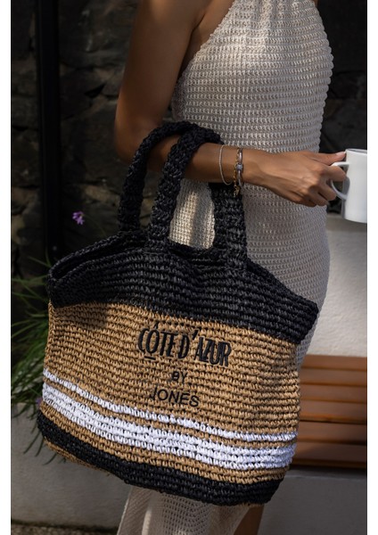 Allister Kadin Siyah Beyaz Çizgili Hem Plaj-Gunluk Hasir Çanta