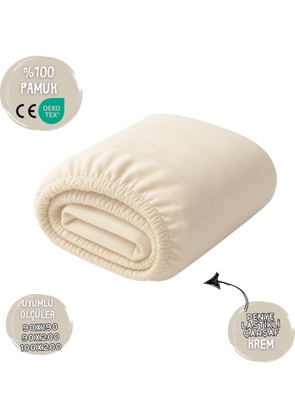 %100 Pamuk Likralı Lastikli Penye Çarşaf - Krem – 90X190 / 90X200 / 100X200 Uyumlu