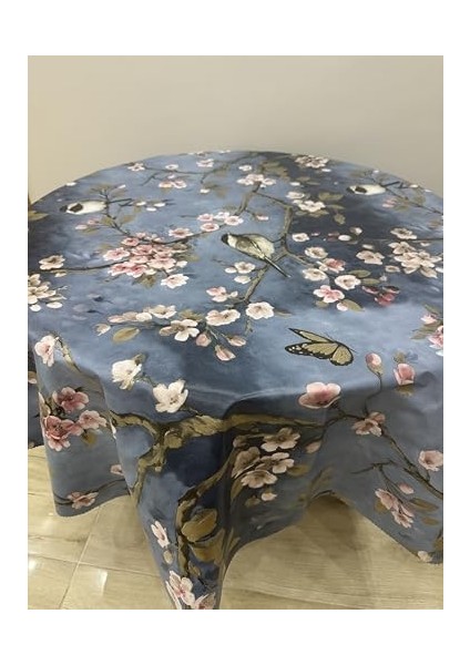 ve Kelebek Desenli Yuvarlak Masa Örtüsü, Mavi Zemin, 140 cm fiyatları