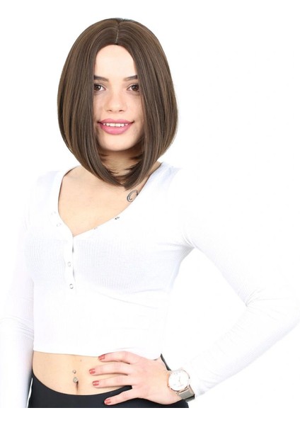 Kahkülsüz Düz Kısa Fiber Sentetik Peruk - Açık Kahve