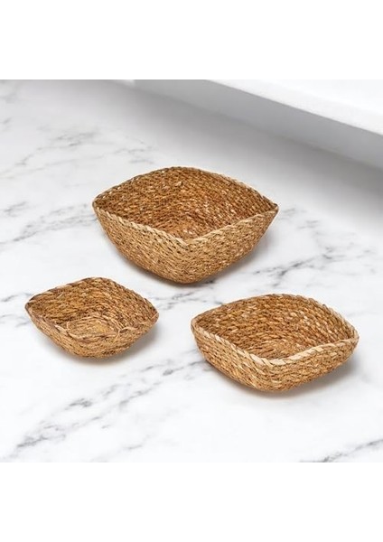 3'lü El Yapımı Hasır Kare Dekoratif Çerezlik Meyvelik, Dekoratif Amaçlı Mini Hasır Sepetler (16CM*16CM*7CM-14CM*14CM*6CM-12CM*12CM*5CM) modelleri