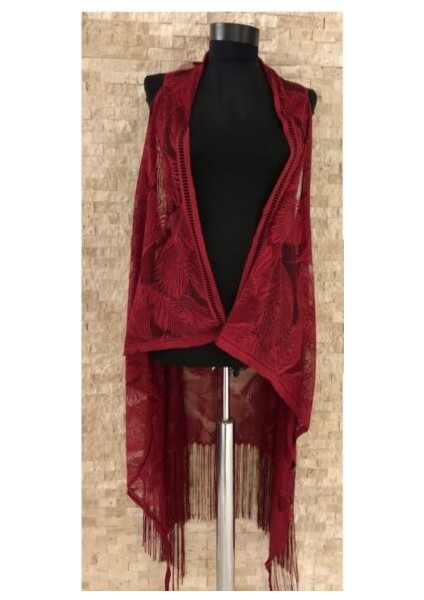 Pareo Dantel Yelek Mayo Bikini Üzeri Yaprak Desenli Püsküllü Plaj Elbisesi Bordo fiyatları