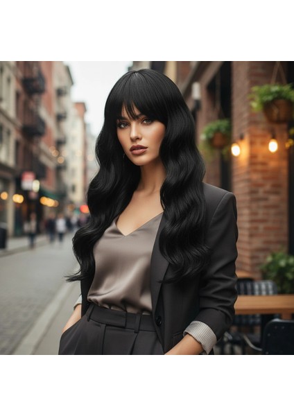 Dalgalı Perçemli Fiber Sentetik Orta Boy Peruk - Siyah