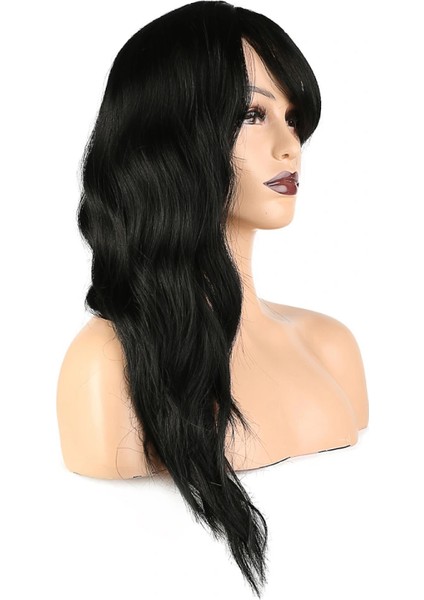Dalgalı Perçemli Fiber Sentetik Orta Boy Peruk - Siyah modelleri
