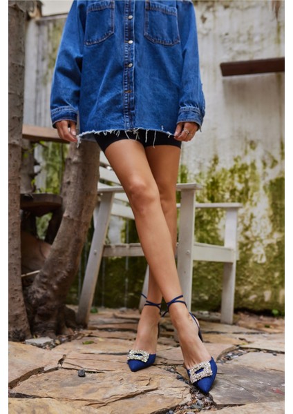 Noir Kadin Açik Kot Taşli Topuklu Ayakkabi