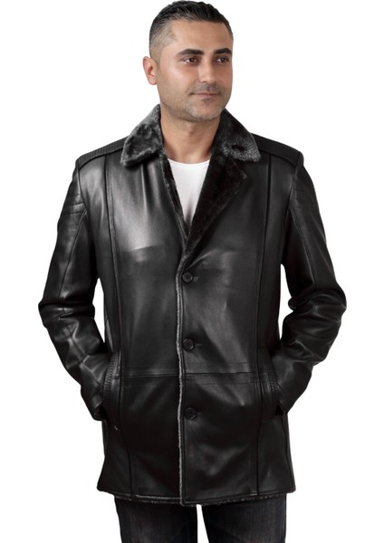 Derije Alanzo Hakiki Deri Erkek Siyah Kürklü Kaban