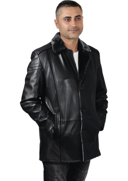 Derije Alanzo Hakiki Deri Erkek Siyah Kürklü Kaban modelleri