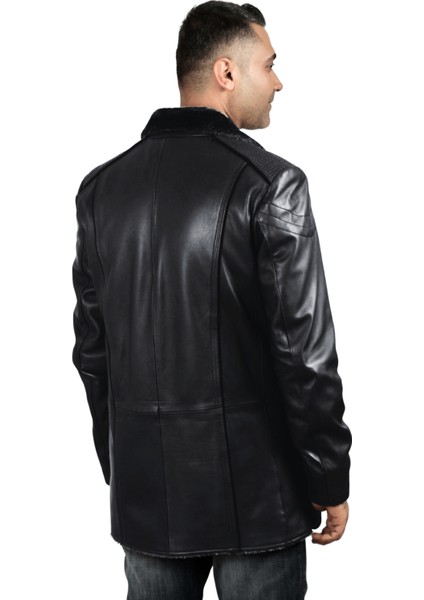 Derije Alanzo Hakiki Deri Erkek Siyah Kürklü Kaban