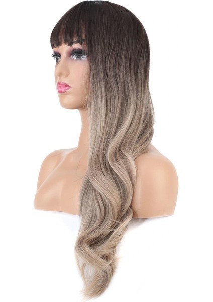 Doğal Dalgalı Perçemli Fiber Sentetik Uzun Boy Peruk - Koyu Kumral / Rus Kumralı Ombreli fırsatları