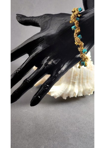 Eşsiz Tasarım Turkuaz Taşlı Örme Bileklik