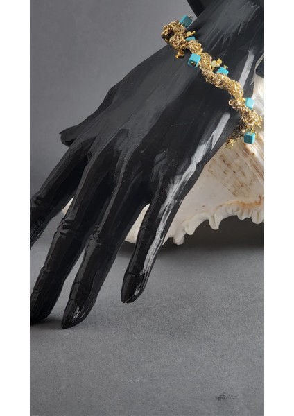 Eşsiz Tasarım Turkuaz Taşlı Örme Bileklik fiyatları