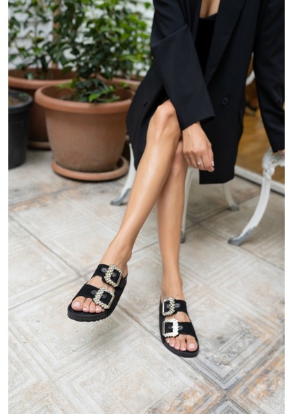 Josef Kadin Siyah Gercek Suet Taş Detay Terlik modelleri