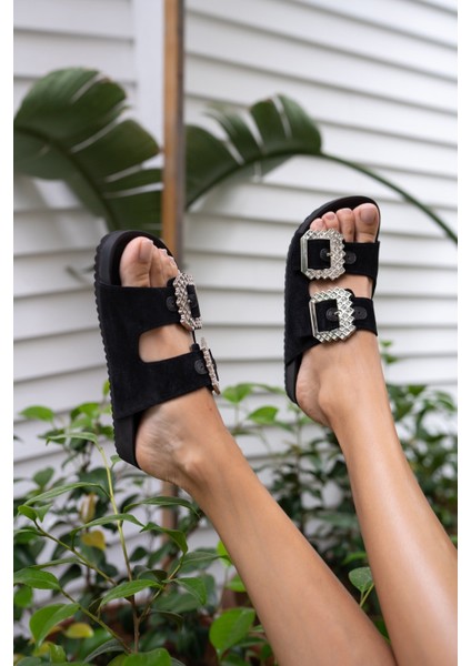 Josef Kadin Siyah Gercek Suet Taş Detay Terlik