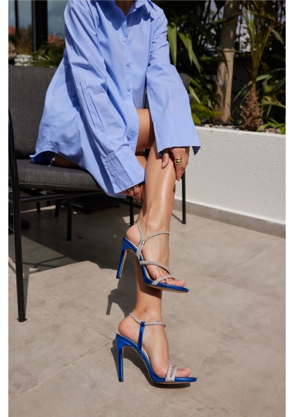 Lolita Kadin Mavi Metalik Taş Detay Topuklu Abiye Sandalet fırsatları