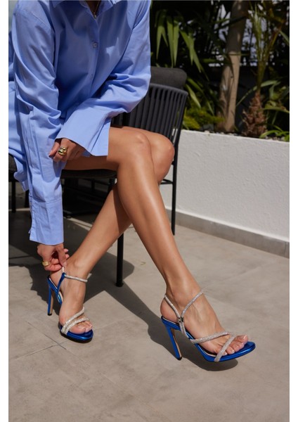 Lolita Kadin Mavi Metalik Taş Detay Topuklu Abiye Sandalet indirimleri