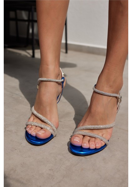 Lolita Kadin Mavi Metalik Taş Detay Topuklu Abiye Sandalet