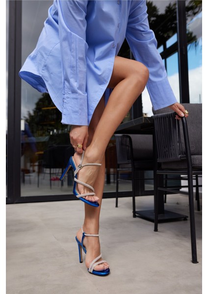 Lolita Kadin Mavi Metalik Taş Detay Topuklu Abiye Sandalet