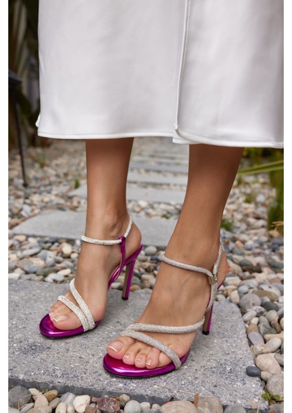 Lolita Kadin Mavi Metalik Taş Detay Topuklu Abiye Sandalet