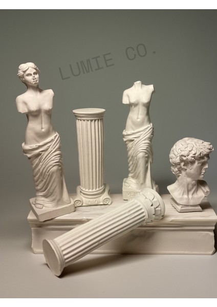 Antik Heykel Seti - Antik Büst ve Sütun Dekoratif Set – 5 Parçalı Beyaz Beton Dekorasyon