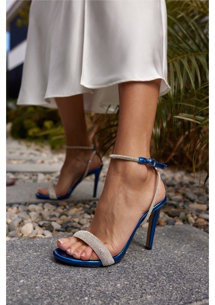 Taco Kadin Mavi Metalik Taşli Abiye Sandalet