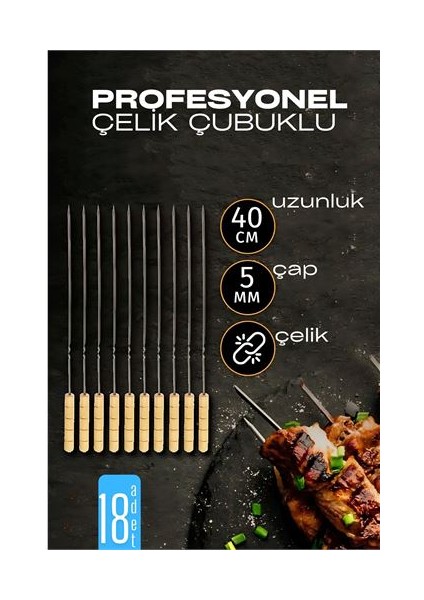 Hsnet Çelik Şiş Çubuğu - Mangal Şişi Ahşap Saplı Kebap Şişi 18 Adet